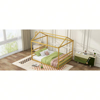 Modern Metal Platform Bed Frame With House-Shaped Design For Kids & Adults, Queen Size, No Box Spring Needed, Easy Assembly, Gold