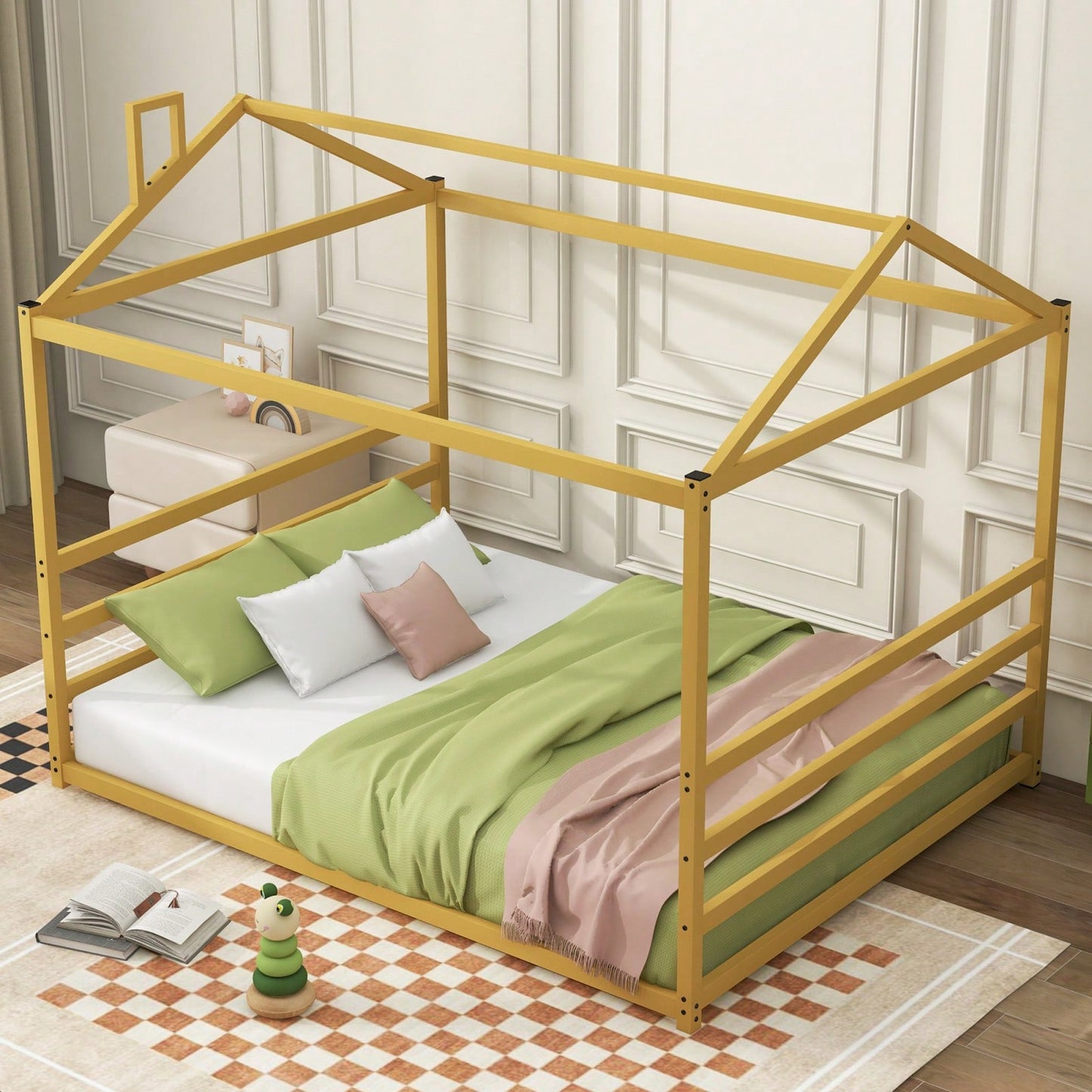 Modern Metal Platform Bed Frame With House-Shaped Design For Kids & Adults, Queen Size, No Box Spring Needed, Easy Assembly, Gold