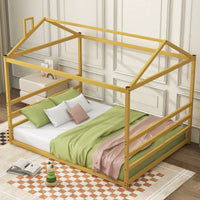 Modern Metal Platform Bed Frame With House-Shaped Design For Kids & Adults, Queen Size, No Box Spring Needed, Easy Assembly, Gold
