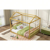 Modern Metal Platform Bed Frame With House-Shaped Design For Kids & Adults, Queen Size, No Box Spring Needed, Easy Assembly, Gold