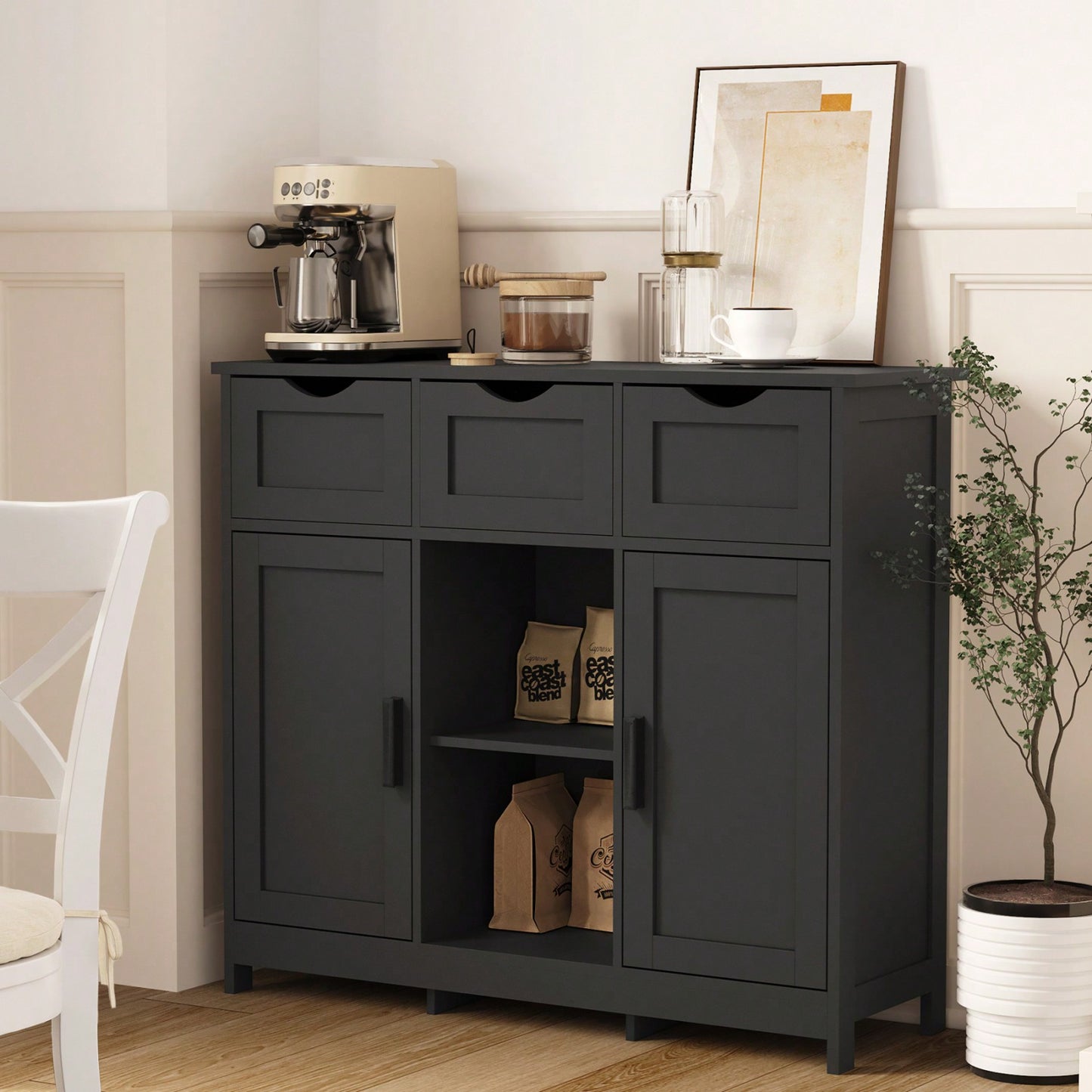 35.4 Inch Wide Multifunctional Storage Cabinet with 3 Drawers and Adjustable Shelves for Kitchen Living Room Bedroom