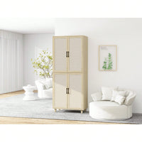 Modern Farmhouse Storage Cabinet with Adjustable Shelves Anti-Tip Design Engineered Rattan Finish for Living Room Bedroom Entryway