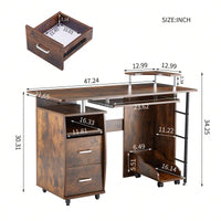 47" Wood Computer Desk With Keyboard Tray Drawers Office Black Classic Traditional Rectangular Metal Finish