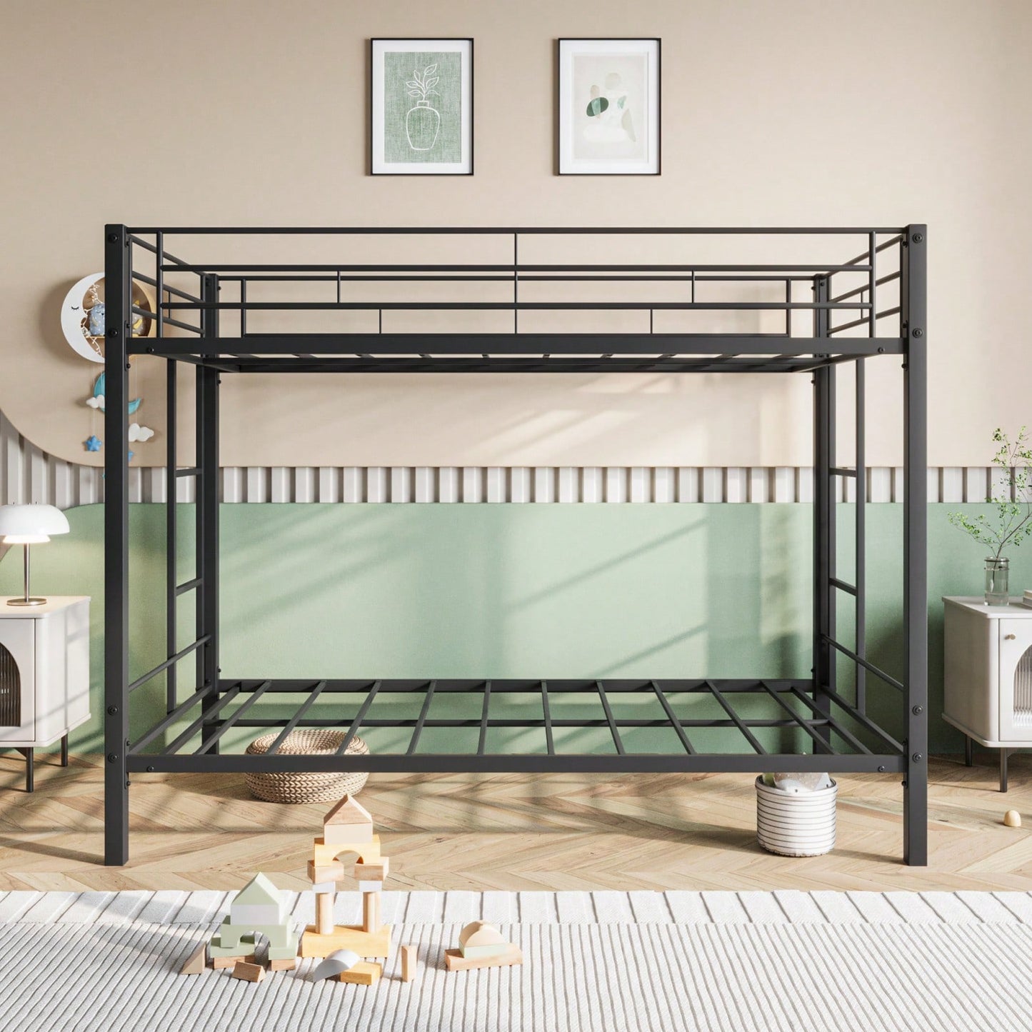 Heavy Duty Twin Over Twin Bunk Bed With Shelf And Guard Rail, No Box Spring Needed, 400lb Capacity Per Bunk, Black