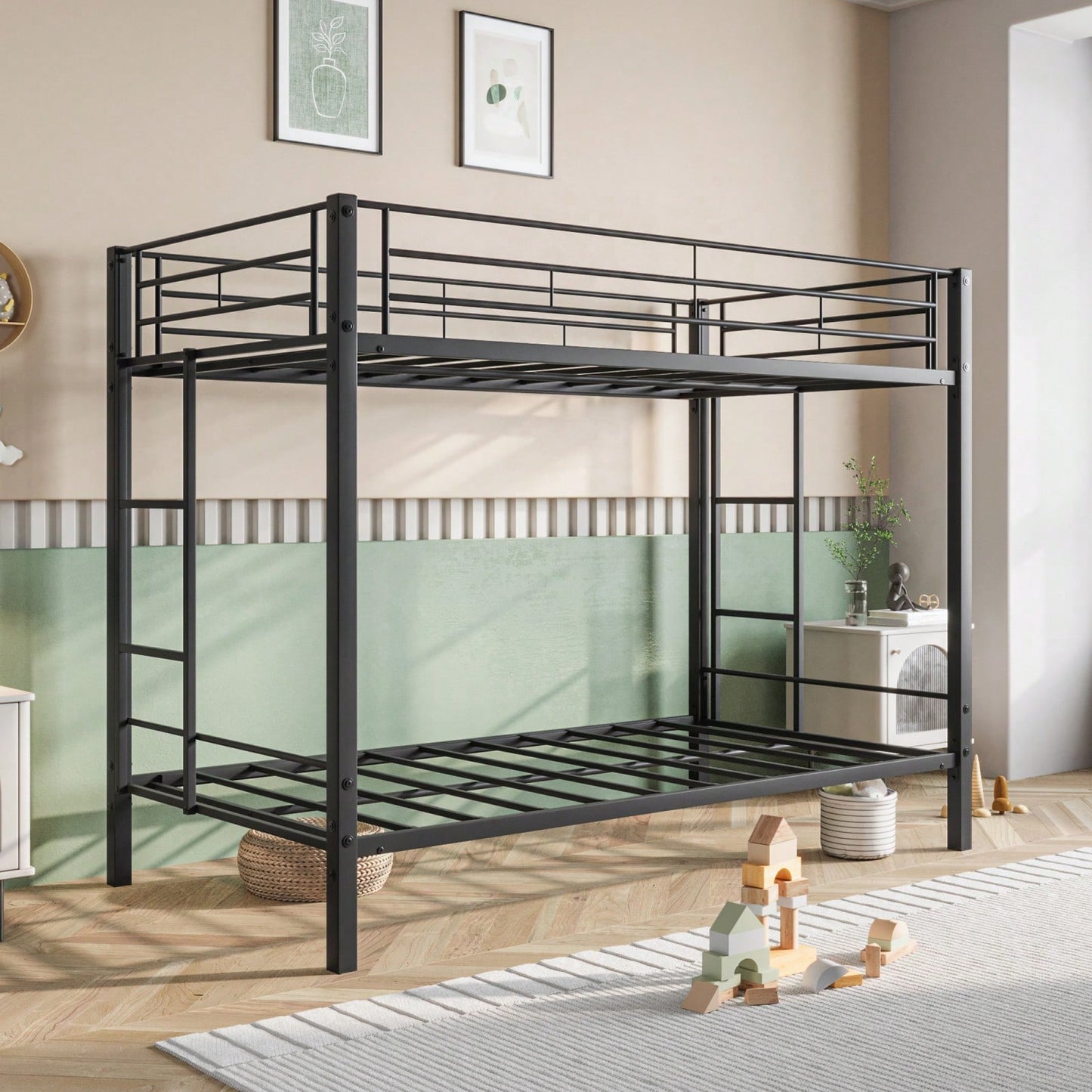 Heavy Duty Twin Over Twin Bunk Bed With Shelf And Guard Rail, No Box Spring Needed, 400lb Capacity Per Bunk, Black