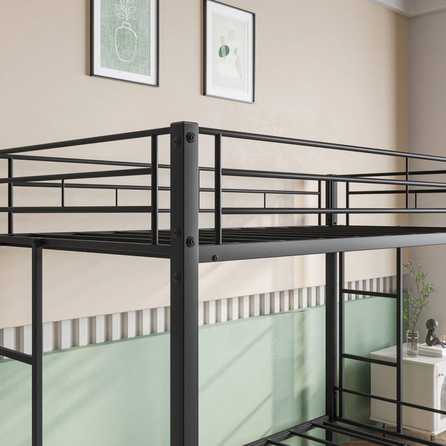 Heavy Duty Twin Over Twin Bunk Bed With Shelf And Guard Rail, No Box Spring Needed, 400lb Capacity Per Bunk, Black