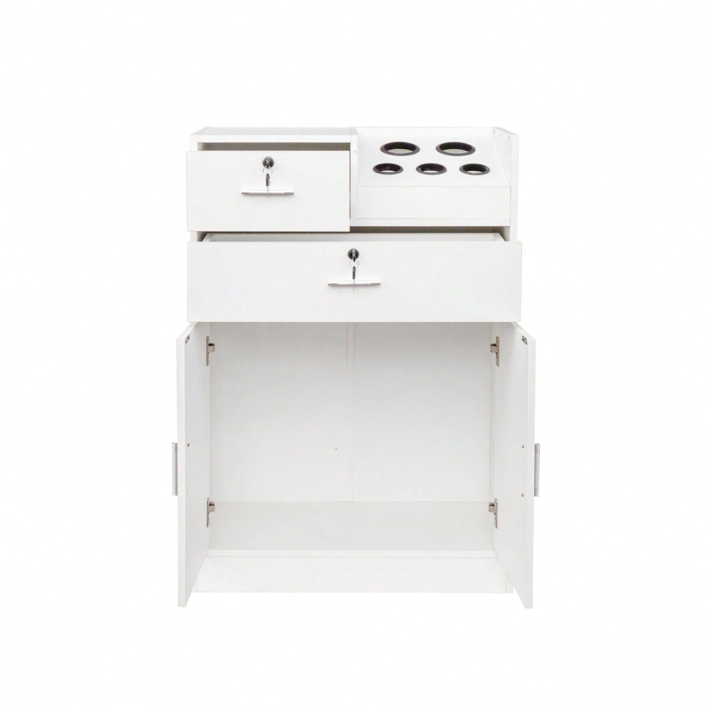 Salon Storage Cabinet With Hair Dryer Holder, 2 Drawers & Cabinet, Locking Beauty Station For Stylist Equipment, Commercial Grade