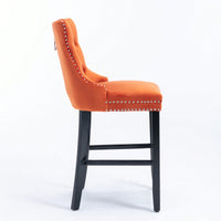 Contemporary Velvet Barstools Set of 2 High Back Button-Tufted Upholstery Wooden Legs Chrome Nailhead Trim Orange
