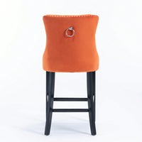 Contemporary Velvet Barstools Set of 2 High Back Button-Tufted Upholstery Wooden Legs Chrome Nailhead Trim Orange