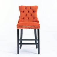 Contemporary Velvet Barstools Set of 2 High Back Button-Tufted Upholstery Wooden Legs Chrome Nailhead Trim Orange