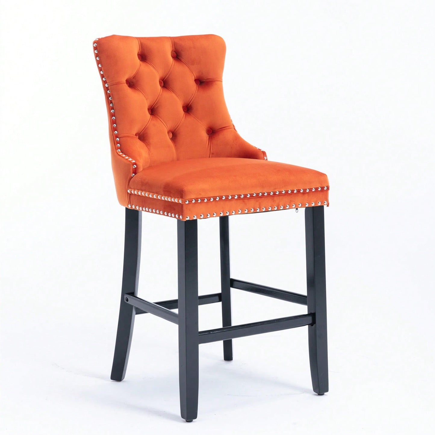 Contemporary Velvet Barstools Set of 2 High Back Button-Tufted Upholstery Wooden Legs Chrome Nailhead Trim Orange