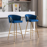 Modern Velvet Bar Stools Set Of 2 - 30 Inch Counter Height Bar Chairs With Backrest And Footrest, Gold Legs And Base, Blue Velvet Upholstery