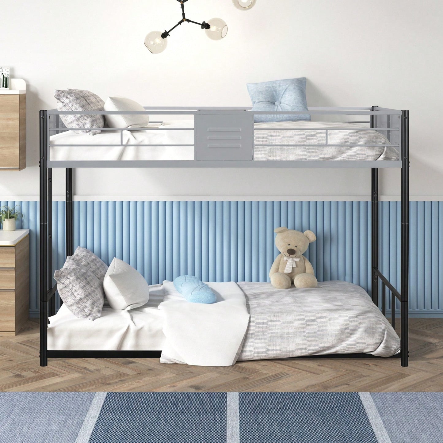 Twin Over Twin Metal Bunk Bed, Separable, With Safety Guardrail, Noise-Free Wood Slats, And Easy Conversion To Two Single Beds