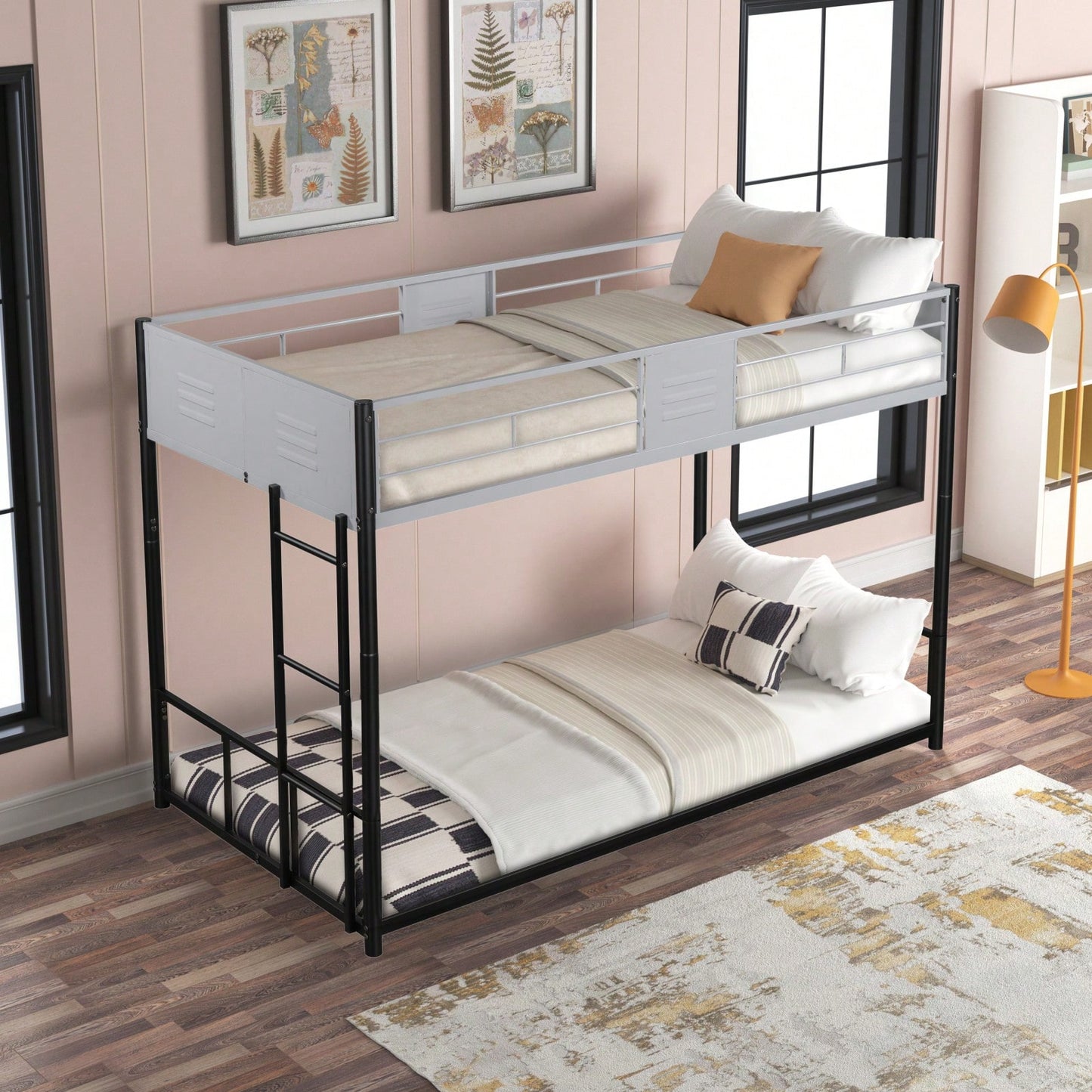 Twin Over Twin Metal Bunk Bed, Separable, With Safety Guardrail, Noise-Free Wood Slats, And Easy Conversion To Two Single Beds