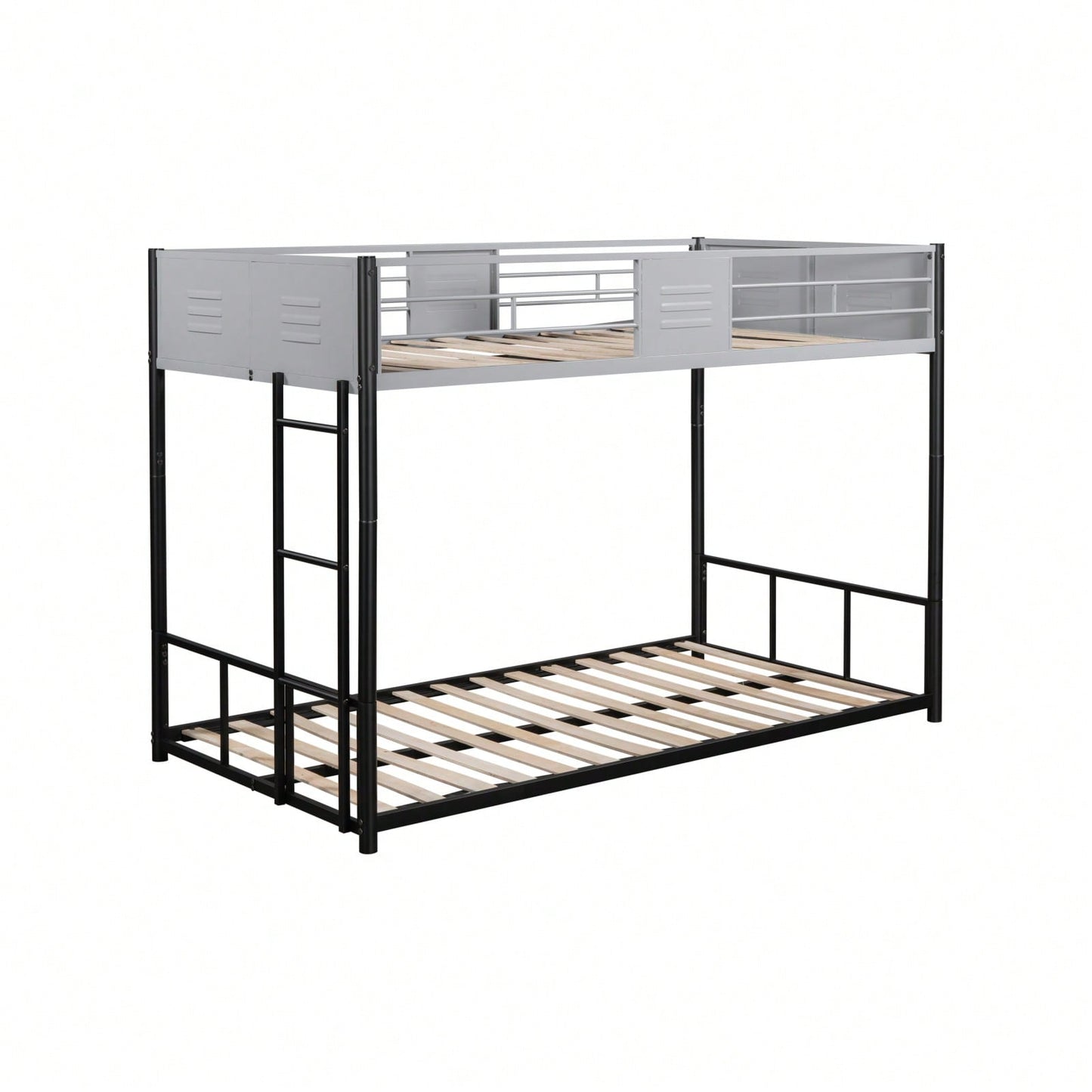 Twin Over Twin Metal Bunk Bed, Separable, With Safety Guardrail, Noise-Free Wood Slats, And Easy Conversion To Two Single Beds