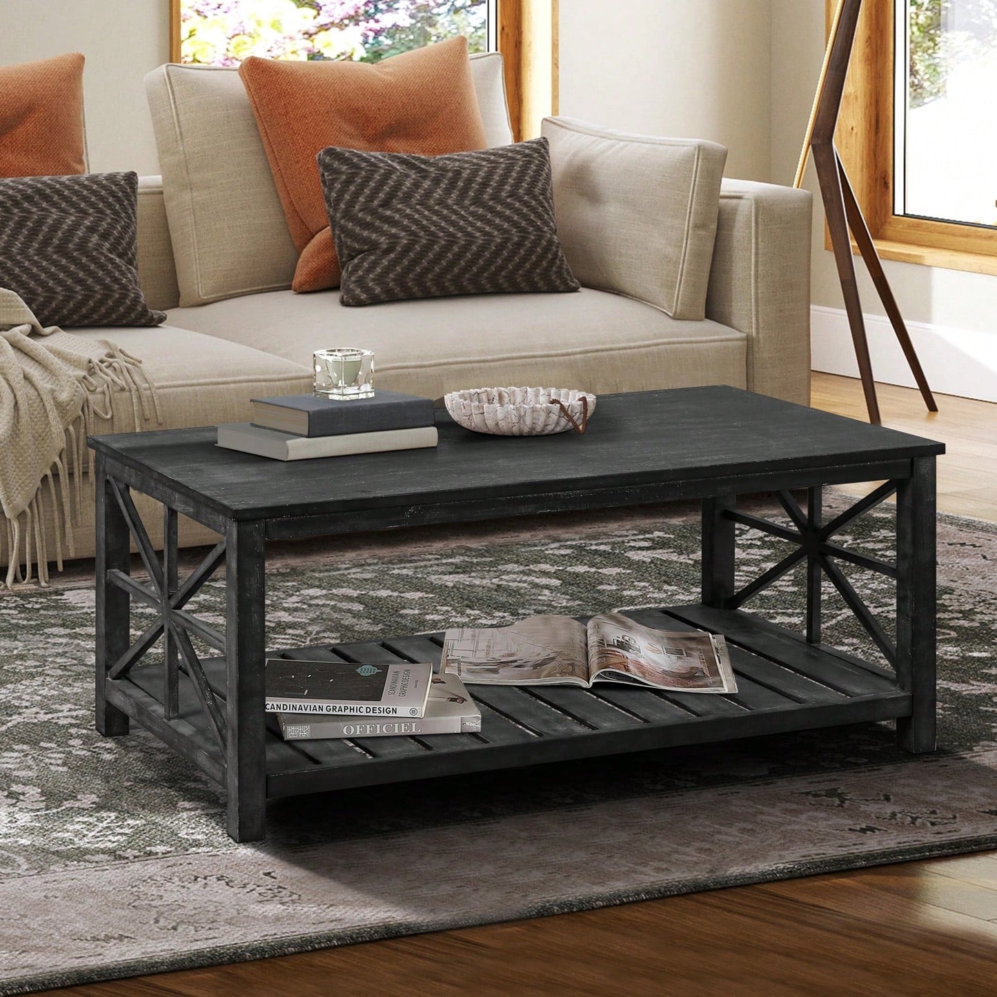 52-Inch Rustic Coffee Table For Living Room, Open Shelf Storage, Spacious Tabletop, Easy Assembly