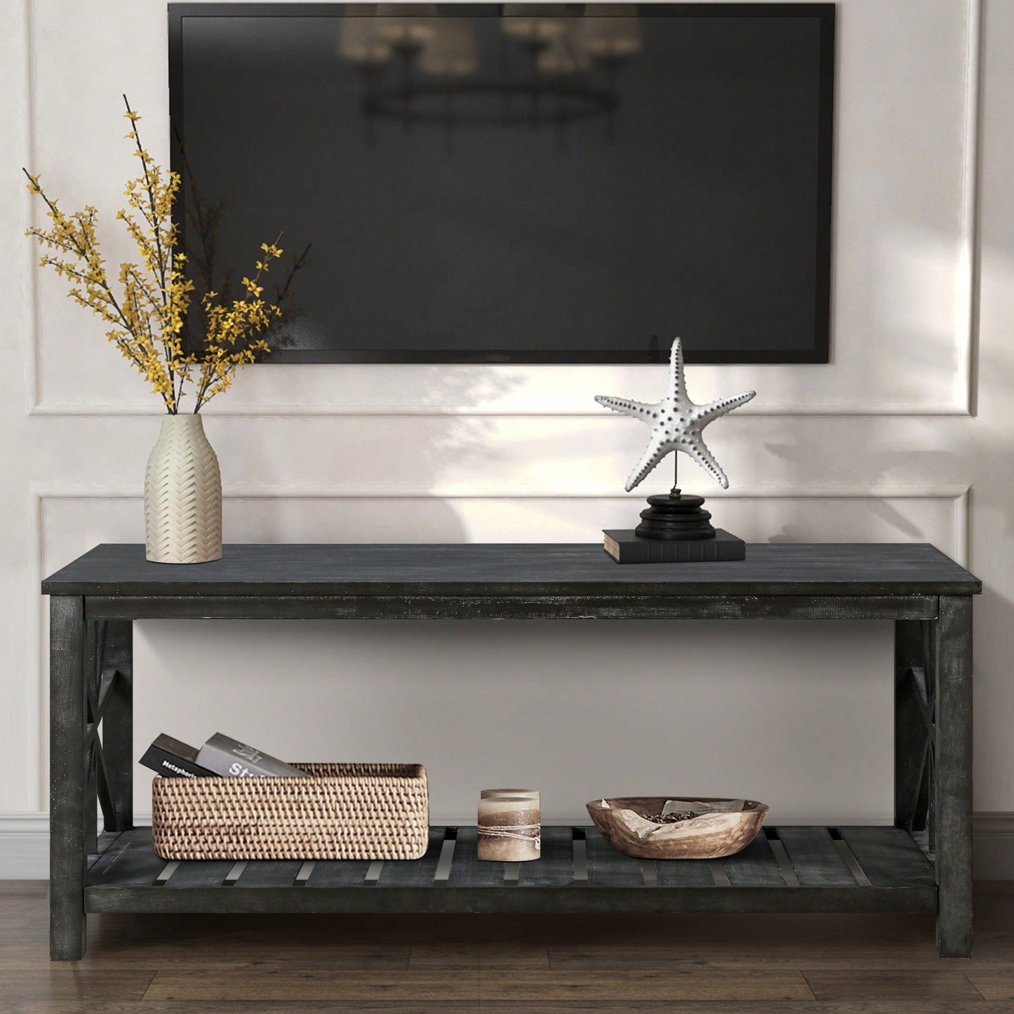 52-Inch Rustic Coffee Table For Living Room, Open Shelf Storage, Spacious Tabletop, Easy Assembly