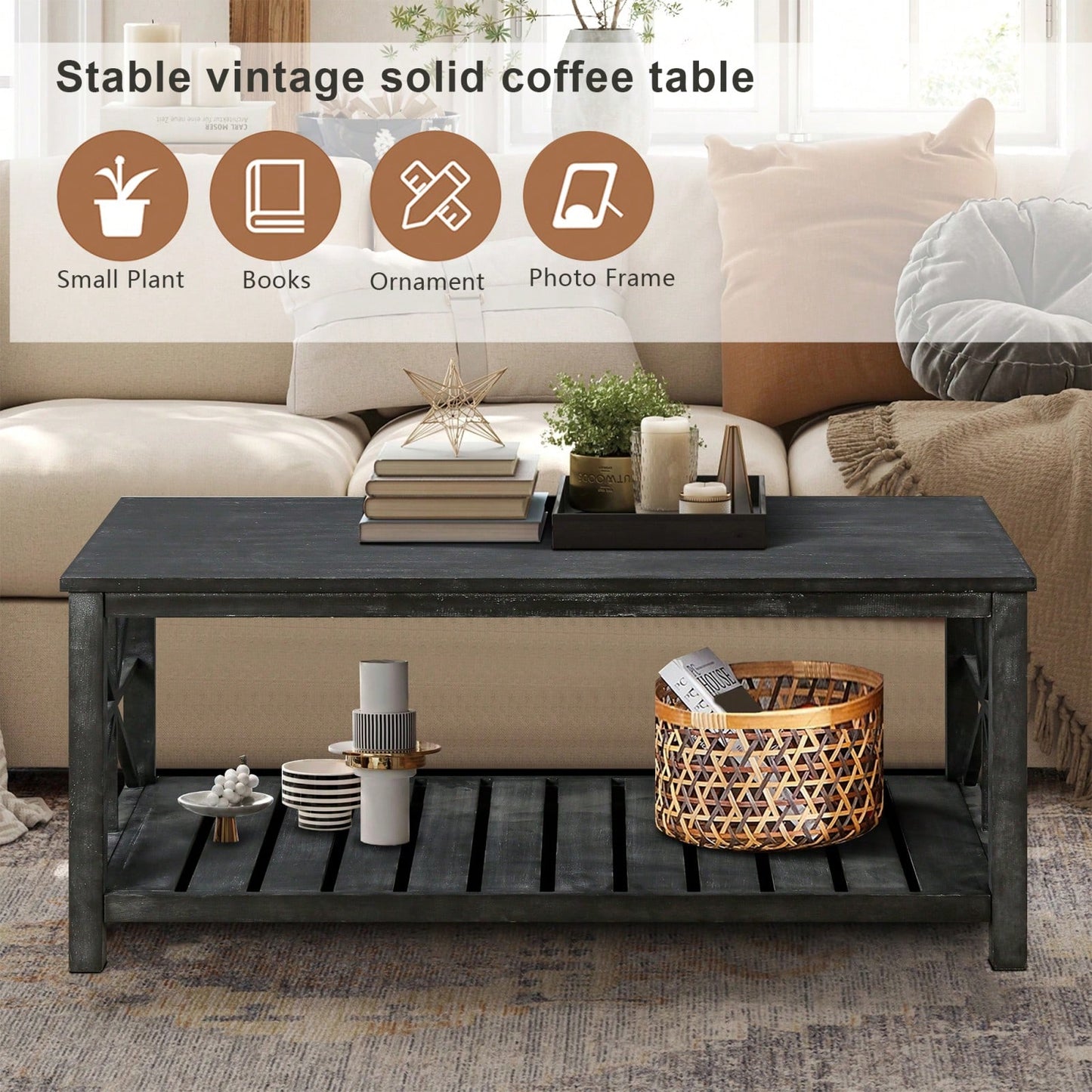 52-Inch Rustic Coffee Table For Living Room, Open Shelf Storage, Spacious Tabletop, Easy Assembly