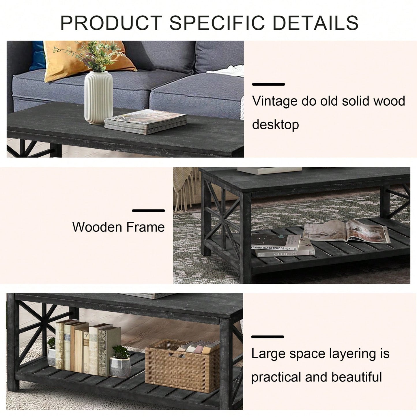 52-Inch Rustic Coffee Table For Living Room, Open Shelf Storage, Spacious Tabletop, Easy Assembly