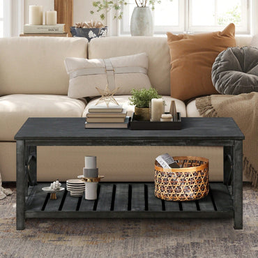 52-Inch Rustic Coffee Table For Living Room, Open Shelf Storage, Spacious Tabletop, Easy Assembly