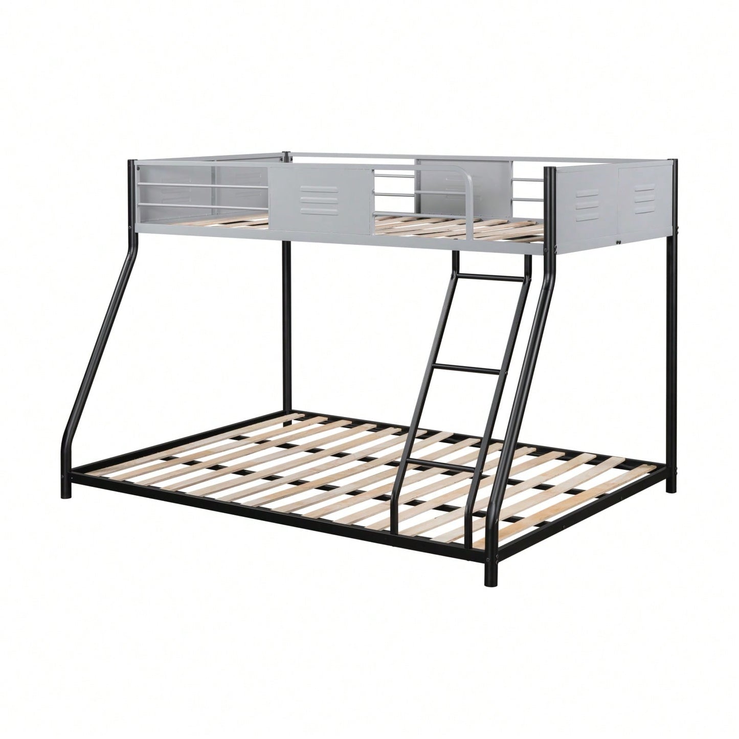 Heavy Duty Twin Over Full Bunk Bed Metal Frame with Wood Slats Safety Guardrail and Ladder 400LBS Capacity No Box Spring Needed