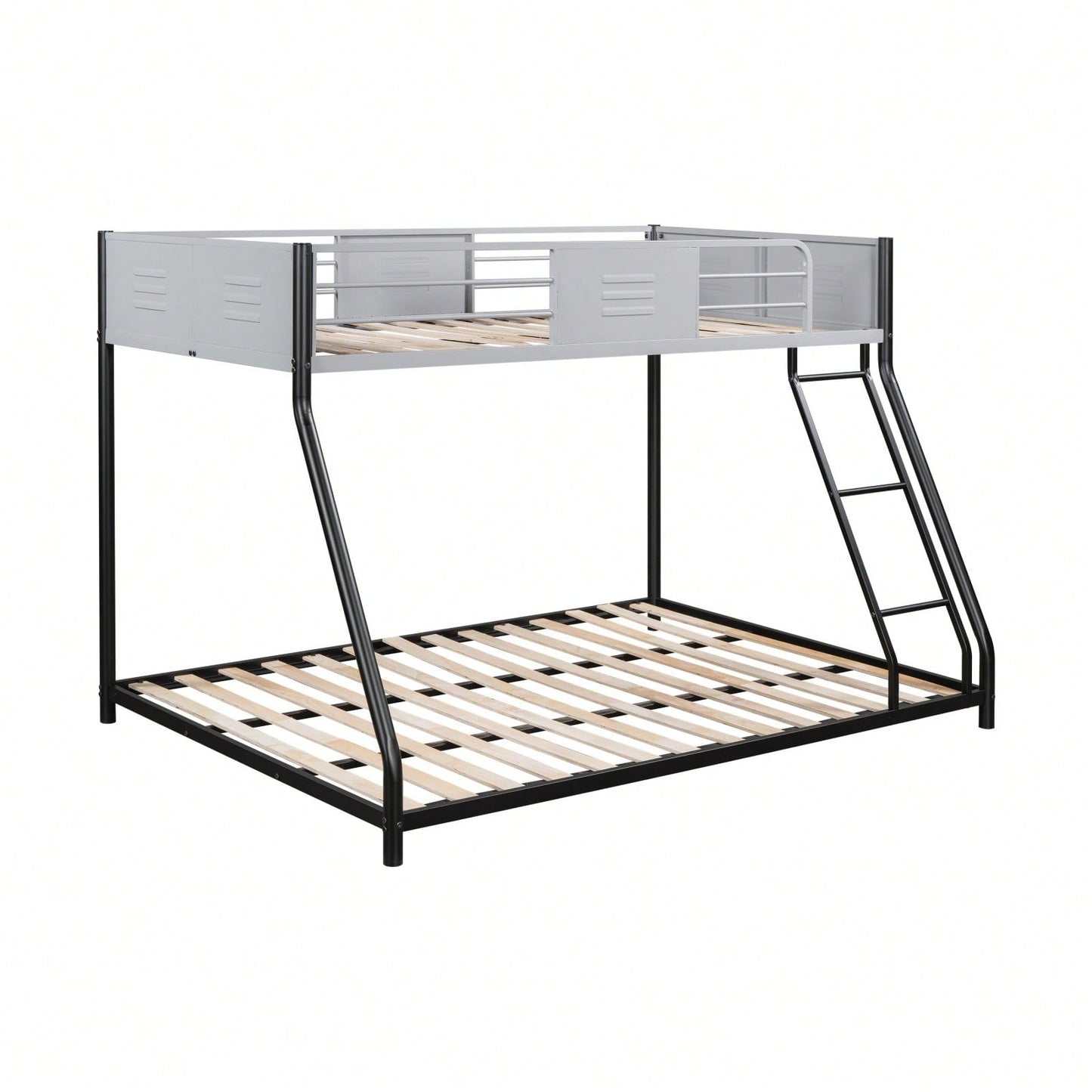 Heavy Duty Twin Over Full Bunk Bed Metal Frame with Wood Slats Safety Guardrail and Ladder 400LBS Capacity No Box Spring Needed