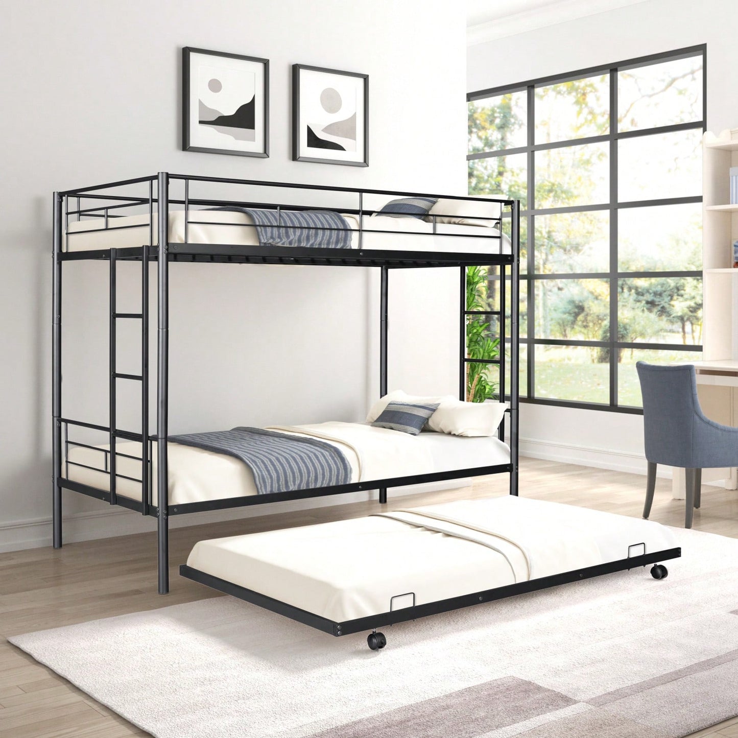 Twin Over Twin Metal Bunk Bed with Trundle Easy Assembly Safety Rails Extra Sleeping Space Noise Free Design