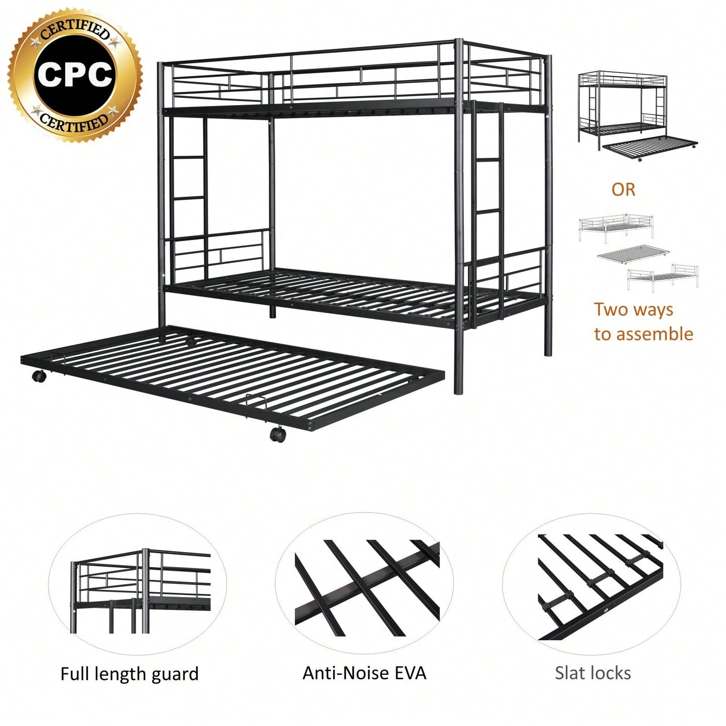 Twin Over Twin Metal Bunk Bed with Trundle Easy Assembly Safety Rails Extra Sleeping Space Noise Free Design