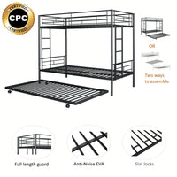 Twin Over Twin Metal Bunk Bed with Trundle Easy Assembly Safety Rails Extra Sleeping Space Noise Free Design