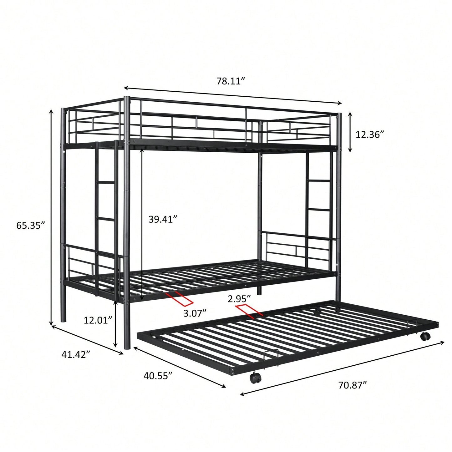 Twin Over Twin Metal Bunk Bed with Trundle Easy Assembly Safety Rails Extra Sleeping Space Noise Free Design