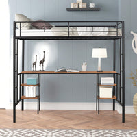 Twin Loft Bed with Desk and Shelves Metal Frame Heavy Duty Bunk Bed for Teens and Adults No Box Spring Required