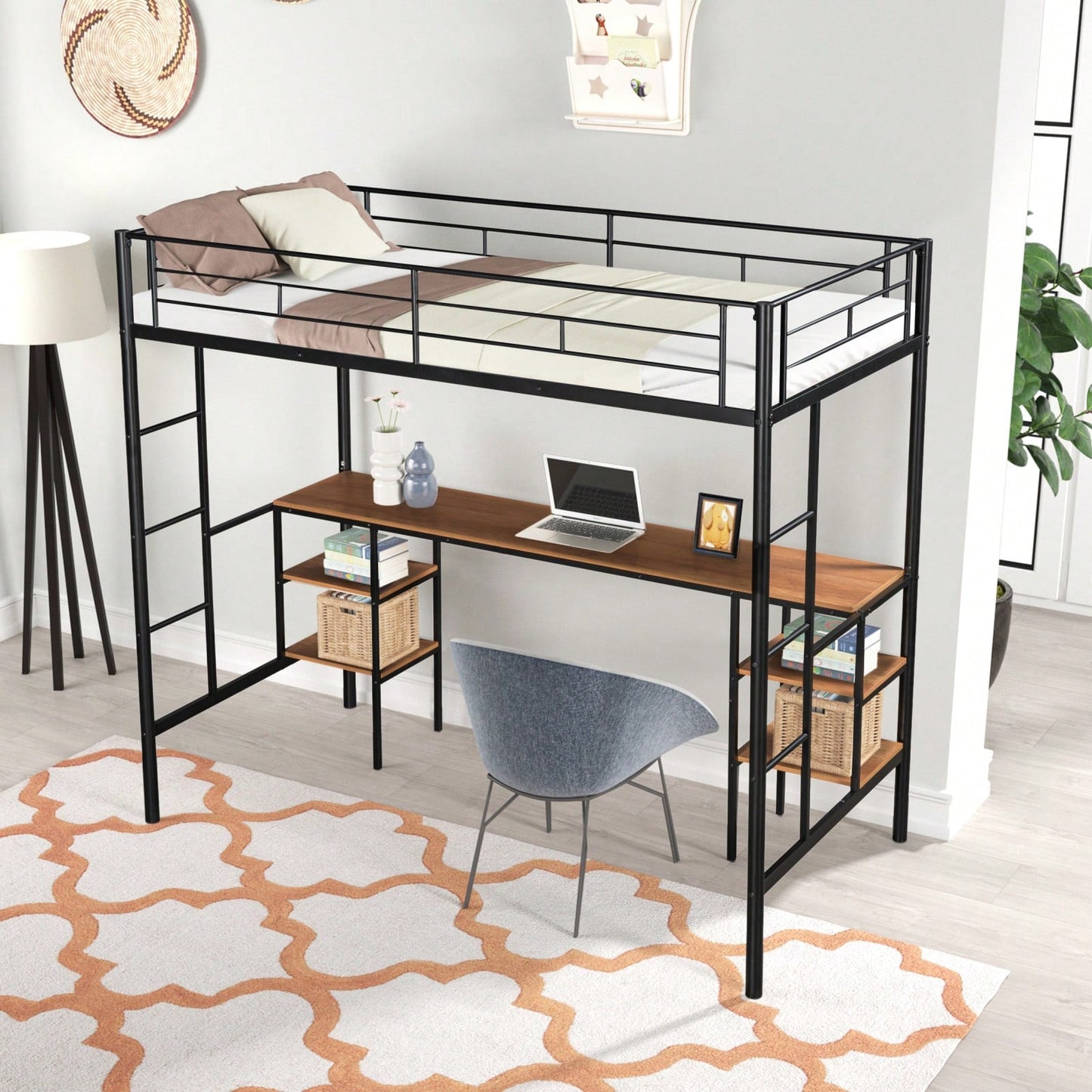 Twin Loft Bed with Desk and Shelves Metal Frame Heavy Duty Bunk Bed for Teens and Adults No Box Spring Required