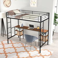 Twin Loft Bed with Desk and Shelves Metal Frame Heavy Duty Bunk Bed for Teens and Adults No Box Spring Required