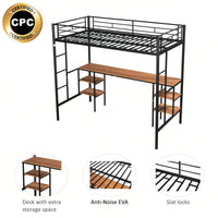 Twin Loft Bed with Desk and Shelves Metal Frame Heavy Duty Bunk Bed for Teens and Adults No Box Spring Required