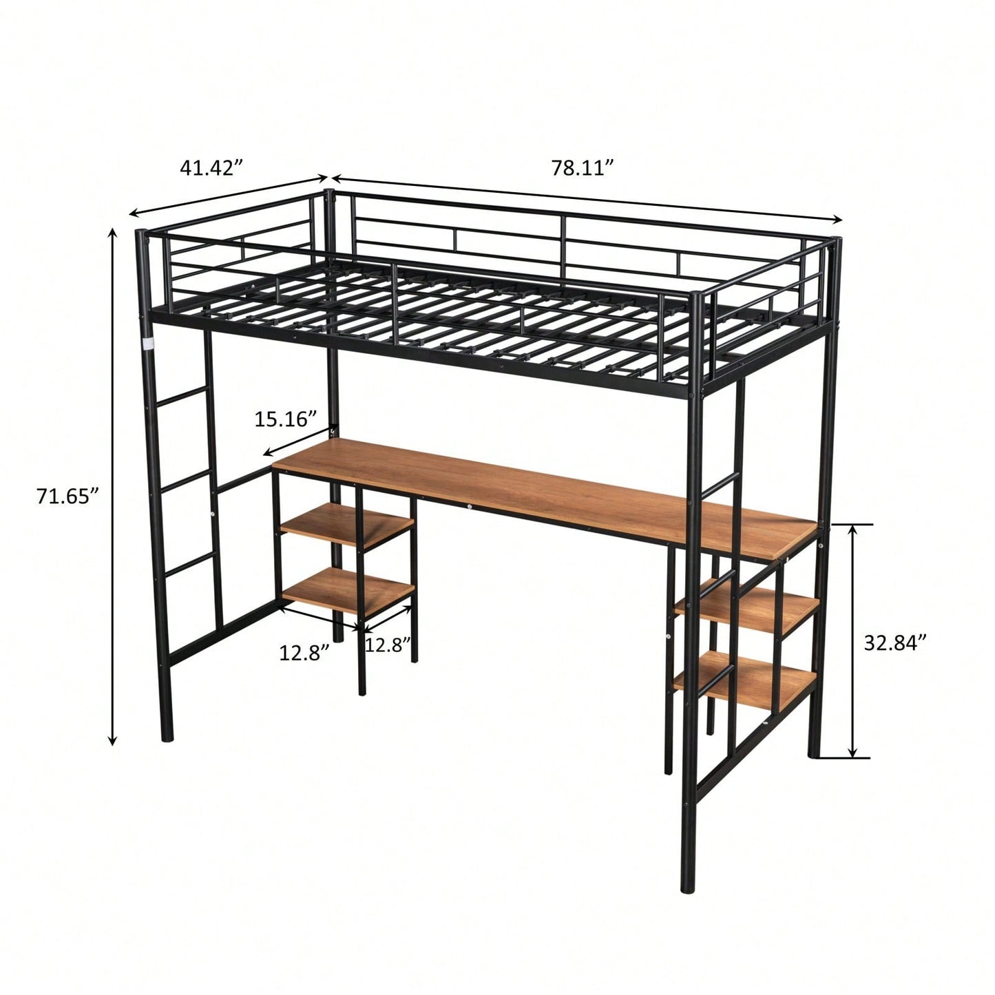 Twin Loft Bed with Desk and Shelves Metal Frame Heavy Duty Bunk Bed for Teens and Adults No Box Spring Required