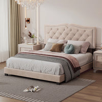Beige Velvet Tufted Queen Platform Bed Frame with Rivet Accents and Wood Slat Support Easy Assembly No Box Spring Required
