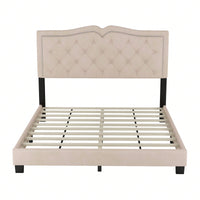 Beige Velvet Tufted Queen Platform Bed Frame with Rivet Accents and Wood Slat Support Easy Assembly No Box Spring Required