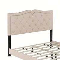 Beige Velvet Tufted Queen Platform Bed Frame with Rivet Accents and Wood Slat Support Easy Assembly No Box Spring Required