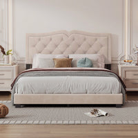 Beige Velvet Tufted Queen Platform Bed Frame with Rivet Accents and Wood Slat Support Easy Assembly No Box Spring Required