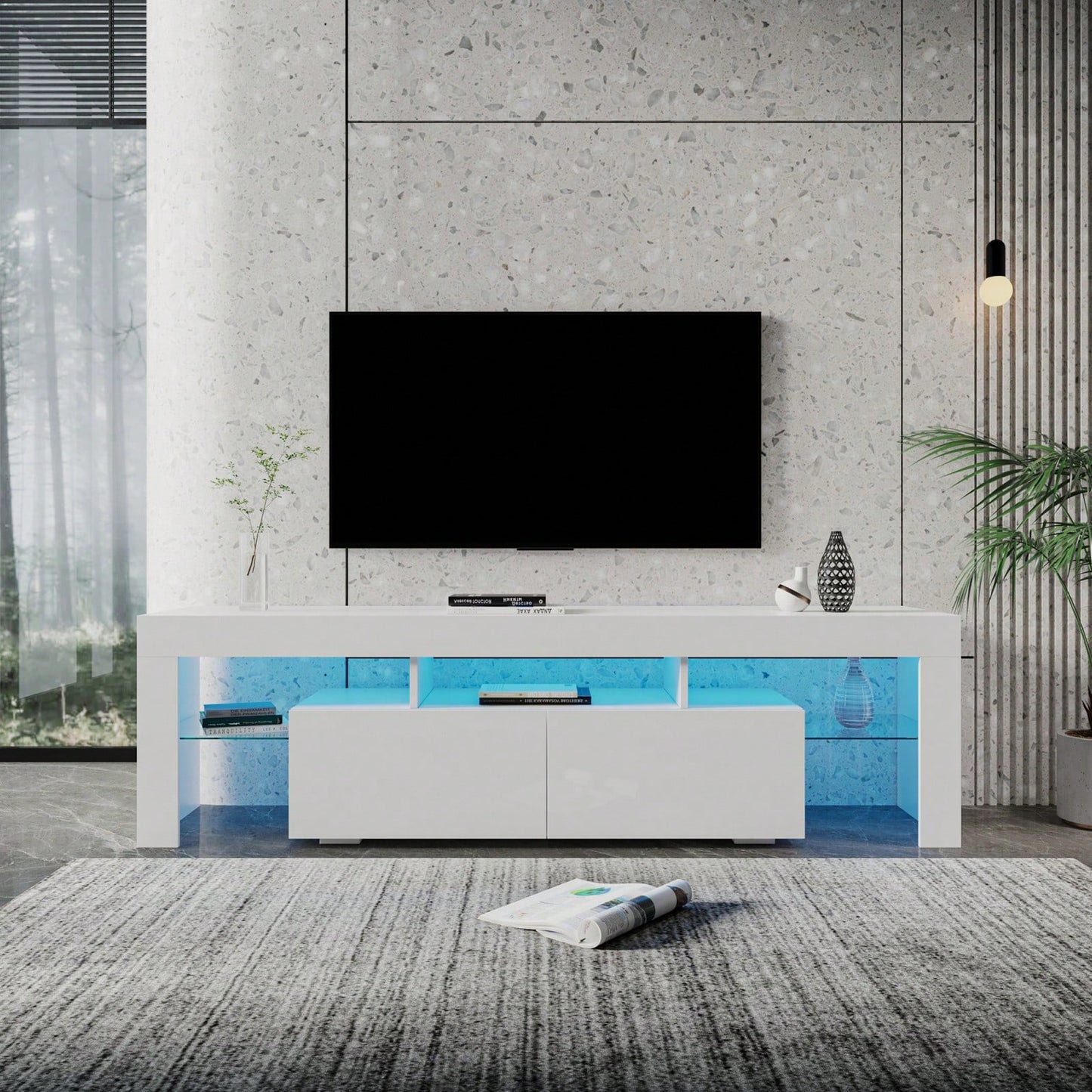 Modern 80 Inch TV Stand with 20 Color LED Lights Remote Control Gloss White Entertainment Center with Storage Drawers and Open Shelves