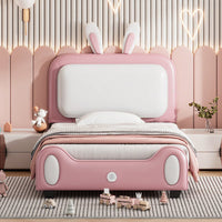 Cute Rabbit Shaped Twin Platform Bed Frame with Headboard and Footboard in White and Pink Easy Assembly No Box Spring Needed