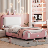 Cute Rabbit Shaped Twin Platform Bed Frame with Headboard and Footboard in White and Pink Easy Assembly No Box Spring Needed