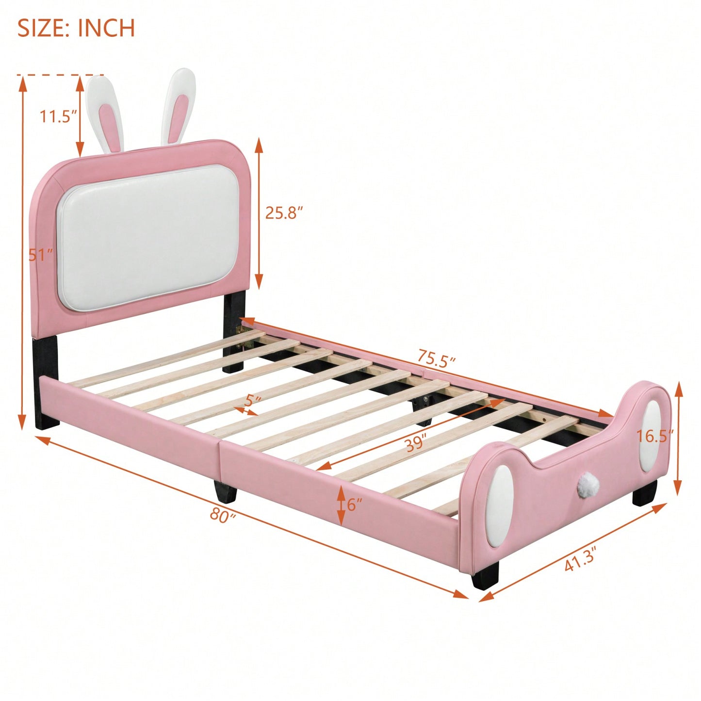 Cute Rabbit Shaped Twin Platform Bed Frame with Headboard and Footboard in White and Pink Easy Assembly No Box Spring Needed