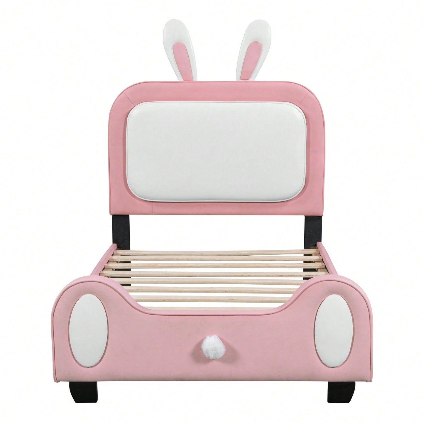 Cute Rabbit Shaped Twin Platform Bed Frame with Headboard and Footboard in White and Pink Easy Assembly No Box Spring Needed