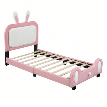 Cute Rabbit Shaped Twin Platform Bed Frame with Headboard and Footboard in White and Pink Easy Assembly No Box Spring Needed