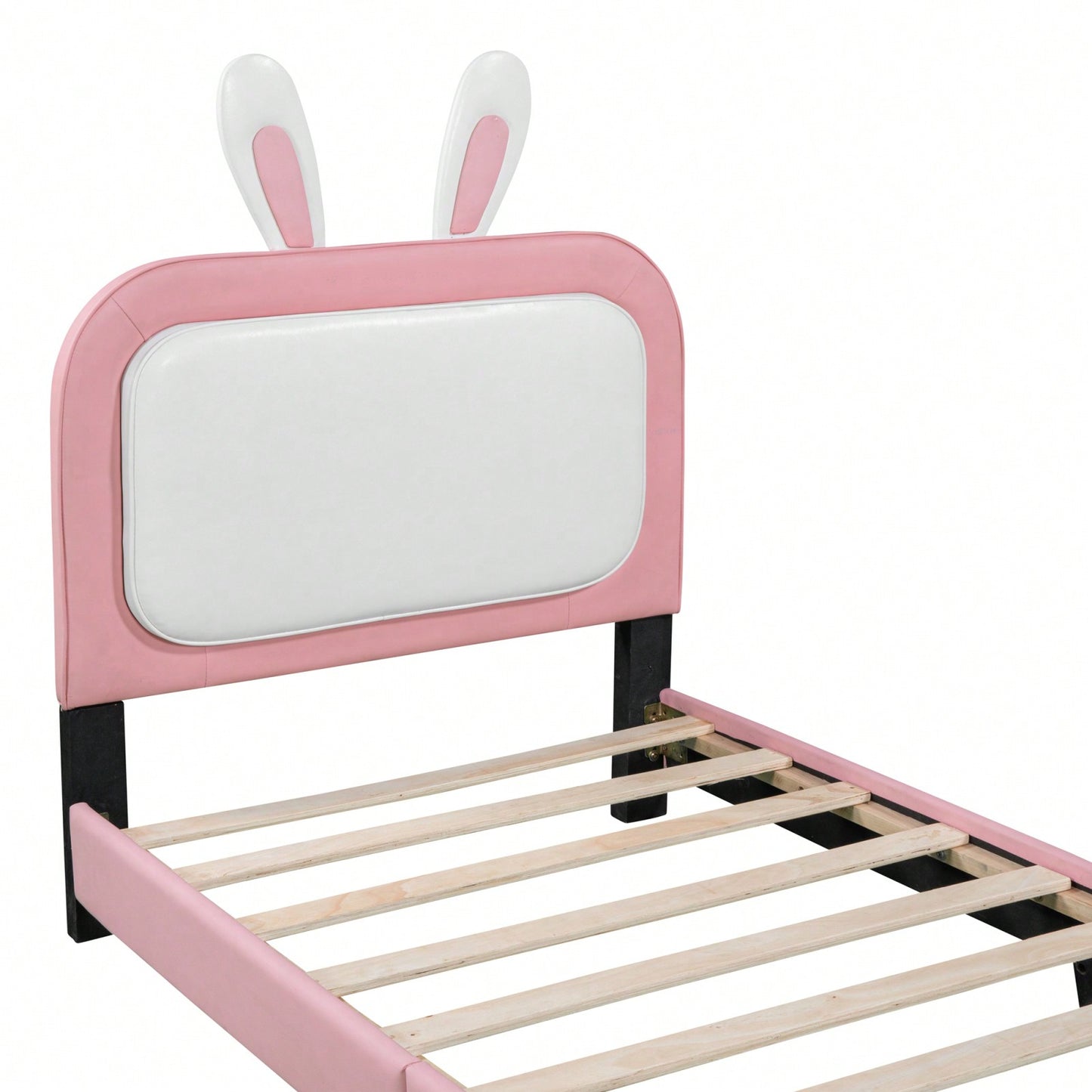 Cute Rabbit Shaped Twin Platform Bed Frame with Headboard and Footboard in White and Pink Easy Assembly No Box Spring Needed