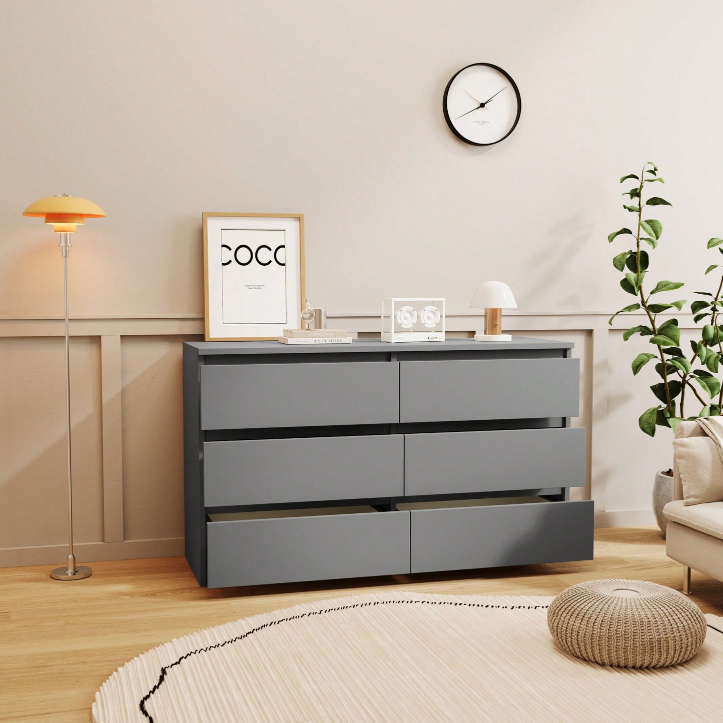 Modern Grey 6-Drawer Dresser Chest with Easy-Pull Handles for Spacious Bedroom Storage