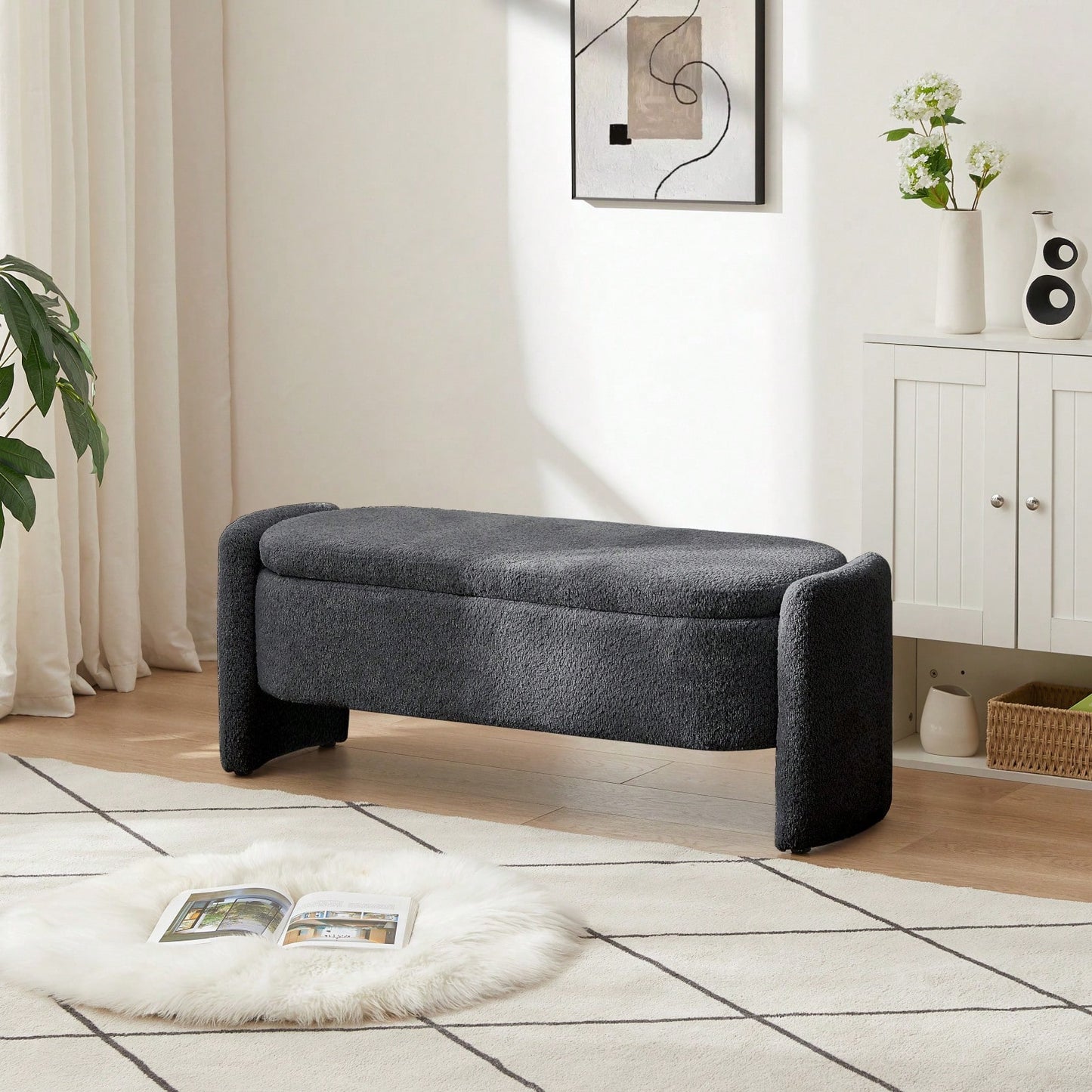 Spacious Storage Ottoman Bench with Soft Lamb Fleece Fabric and Sturdy Wooden Frame for Living Room Bedroom Entryway