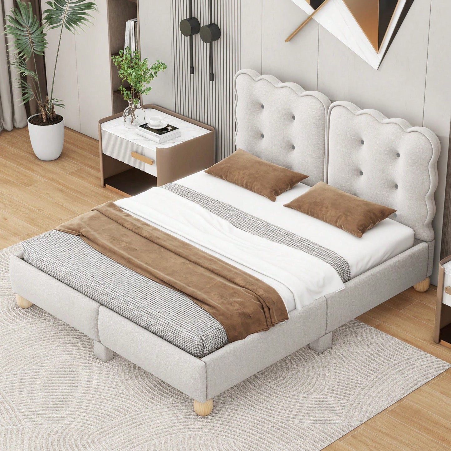 Modern Queen Upholstered Platform Bed Frame With Wood Slat Support, Button Tufted Headboard And No Box Spring Needed, Easy Assembly