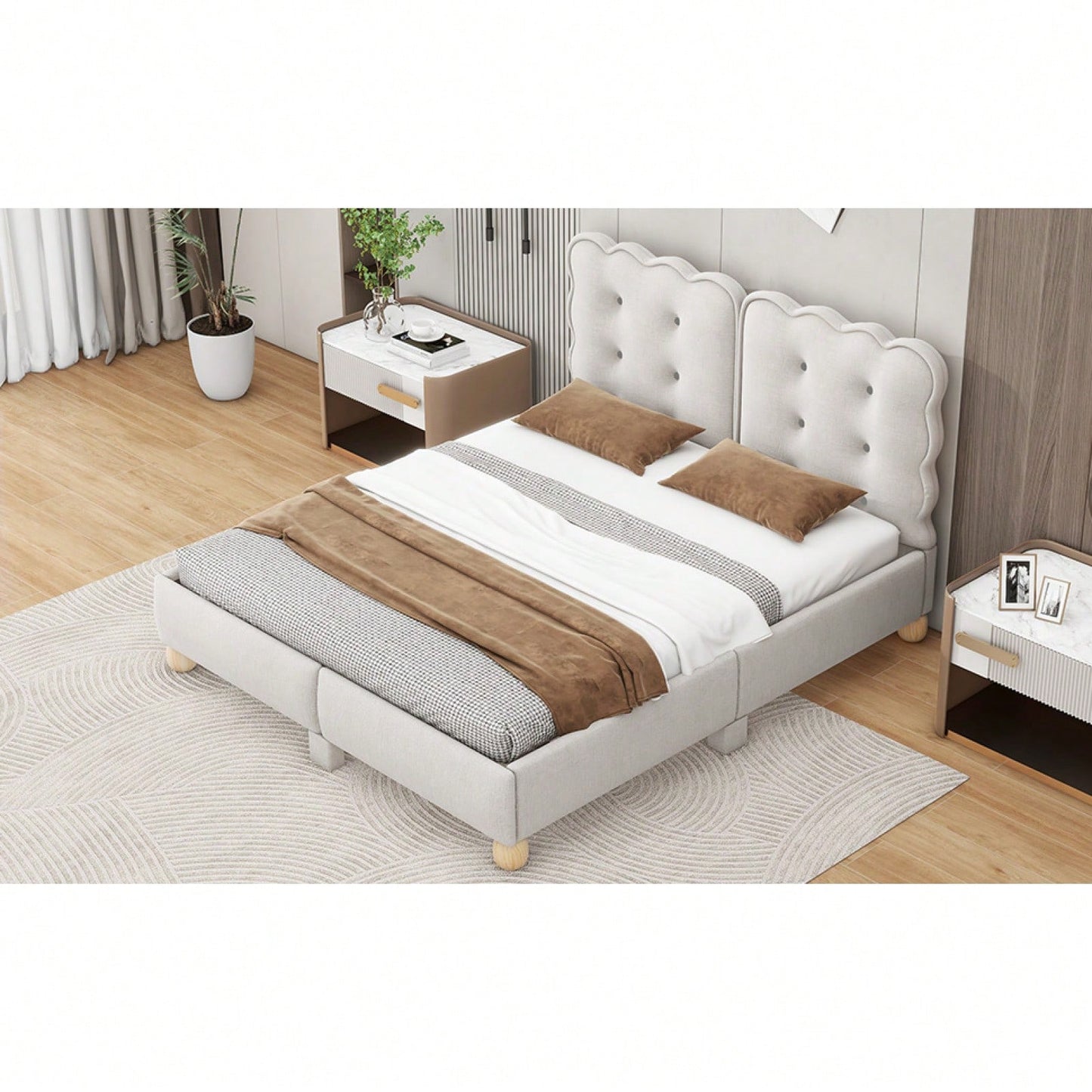 Modern Queen Upholstered Platform Bed Frame With Wood Slat Support, Button Tufted Headboard And No Box Spring Needed, Easy Assembly